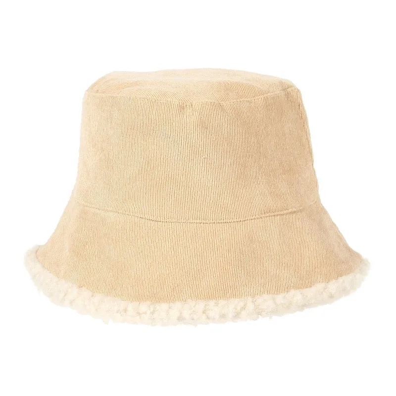 SHATANGJU Winter Bucket Hats Women Warming Panama Hat Lady Fluffy Corduroy Double-Side Wear Outdoor Fisherman Cap Hat for Women