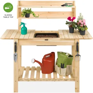 Wood Garden Potting Bench w/ Sliding Tabletop, Food Grade Dry Sink